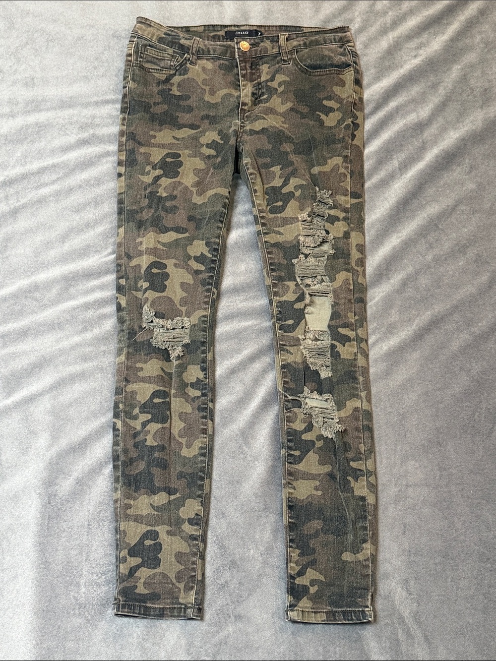 Cello Denim Women’s Camo Distressed Skinny Jeans - Olive Camo